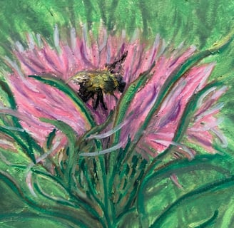 oil pastel drawing of a bee on a pink and purple thistle flower with a green grass background