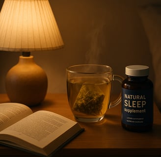 Cozy nighttime scene, tea, sleep supplement