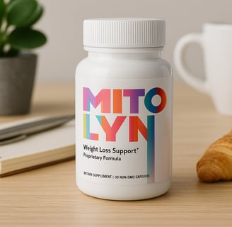 Mitolyn supplement bottle on a breakfast table with coffee and fruit.