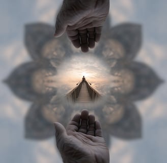 two hands holding hands with a person standing on a bridge