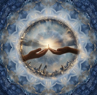 two hands holding hands with a sun in the background