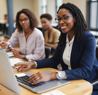 A woman is working on a laptop surrounded by various electronic and mechanical equipment in a laboratory or industrial setting. The environment appears to be focused on technology with visible complex wiring and machinery.