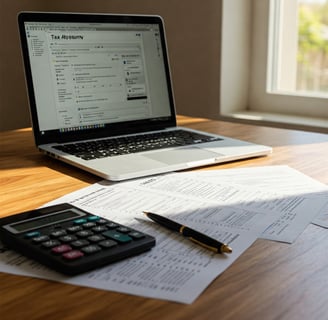 portatil en la mesa con hojas de la renta y calculadora