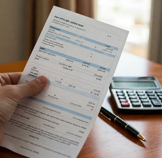“Mano sosteniendo una nómina impresa con columnas de salario bruto, retenciones de IRPF y Seguridad 