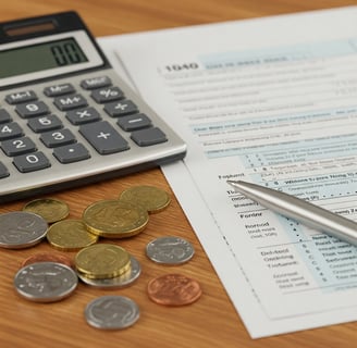  imagen de una calculadora junto a formularios de declaración de la renta