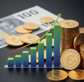 Gráfica de barras ascendentes junto a varias monedas  concepto de ingresos pasivos