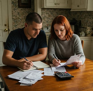 Una pareja revisando facturas en la mesa de la cocina, con una libreta abierta para anotar gastos 