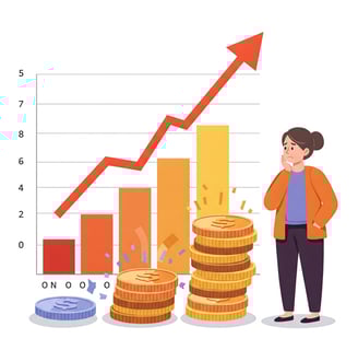 Ilustración de un gráfico de barras ascendentes junto a monedas que pierden valor, con una persona o