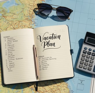 Plano cenital de una libreta con el título ‘Plan Vacaciones’, un mapa, gafas de sol, una calculadora
