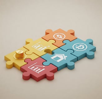 “Varias piezas de un puzzle encajando, cada una con un icono diferente (bono, acción, inmueble, crip