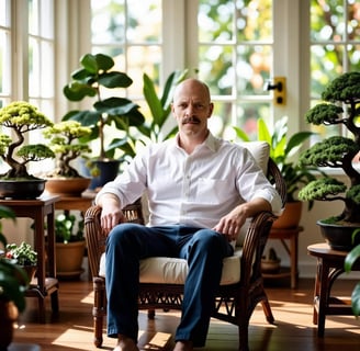 The Bonsai Boi sitting in his brightly sun kissed sunroom surrounded by bonsai and plants.