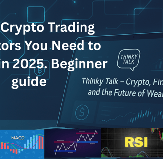 Graphic showcasing top 5 crypto trading indicators for beginners, featuring charts and text "Thinky Talk - Crypto, Finance an
