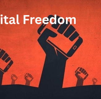A hand holding a smartphone displaying a graphic design poster titled "Digital Freedom" with the subtitle "Your Data, Their G