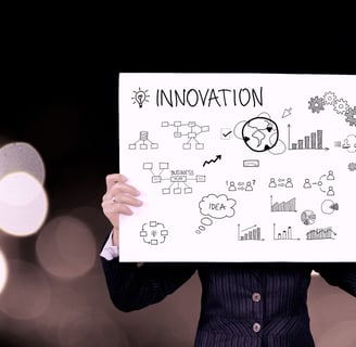 Person in a business suit holding a large whiteboard labeled "Innovation," featuring various hand-drawn diagrams, charts, and