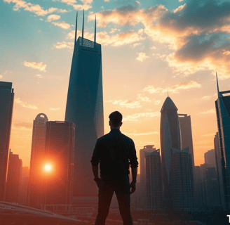 Man overlooking a modern city skyline at sunset, representing the future of online privacy and digital freedom.