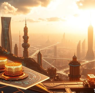 Futuristic cityscape with towering skyscrapers and glowing tech interfaces at sunset. Futuristic cityscape shows the digital 
