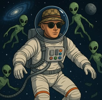 Futuristische Cartoon Illustration von Hustensaft Jüngling der im Jahr 2025 schwerelos im Weltall schwebt mit Sonnenbrille mo