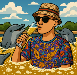 Hustensaft Jüngling, auch bekannt als Ole Finsterbusch, in ikonischem Outfit mit Sonnenbrille und Bucket Hat, inszeniert als