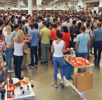 a large group of people standing around a table