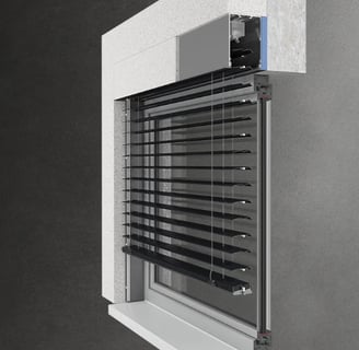 a window with blinds and blinds in a room