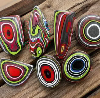 a bright selection of jeep fordite cabochons in various shapes with bright lime and pink colours