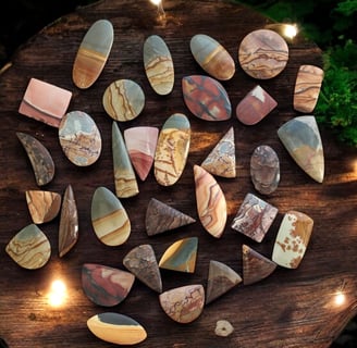 a selection of rare American scenic jasper cabochons that were hand cut by designer cabochons
