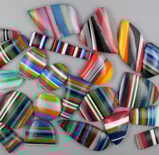 Surfite cabochobs made from upcycled surfboards in bright colours and shapes