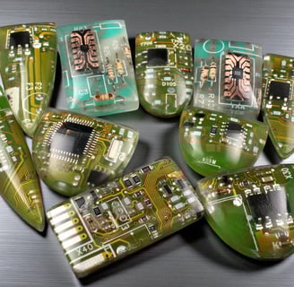 a selection of circuit board cabochons of various shapes to be used by jewellery artists