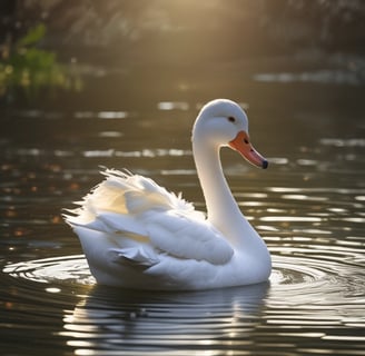 a white swan in the water with a bright orange beak