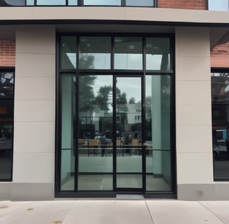 A tall, narrow glass window with a textured surface that distorts the light passing through. The glass pattern seems to be grid-like, creating a mosaic effect. The predominantly dark surroundings make the illuminated window stand out more, giving a mysterious vibe.