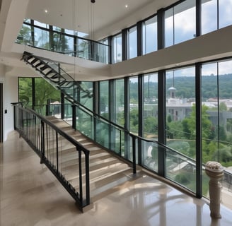 A set of round paneled windows featuring a pattern of circular glass pieces arranged in a grid. The glass has varying levels of transparency, with some displaying a slight iridescent effect. The framework is dark, contrasting with the light filtering through the windows.