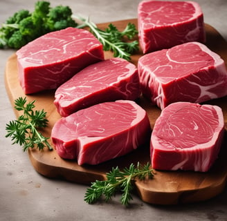 Various cuts of meat are displayed in a refrigerated section, including yearling minute steak and lamb roasts. The meat is placed on trays, with some pieces wrapped in plastic. Price tags are visible, indicating the cost per kilogram.