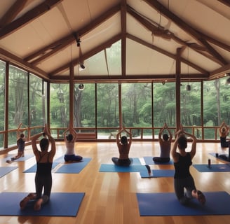 A group of people sit cross-legged on yoga mats in a meditative pose with palms together, suggesting a meditation or yoga session. The setting appears to be indoors with a patterned carpet and soft lighting.