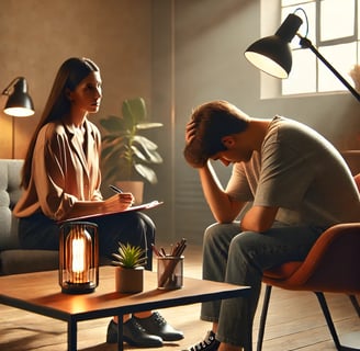a man and woman sitting on a couch in a living room