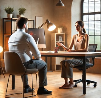 a man and woman sitting at a desk in a room