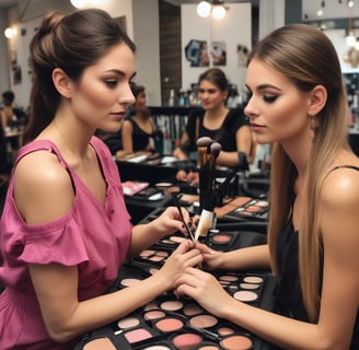 A variety of makeup brushes are neatly arranged in a holder, accompanied by several cosmetics items including a lipstick and perfume. The setting has an elegant yet casual feel, with soft lighting highlighting the textures and colors of the beauty products.