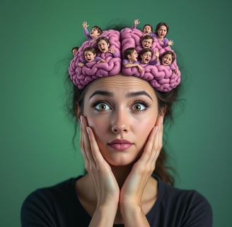 Surprised woman with pink brain with many younger versions of herself. It shows the subconscious min