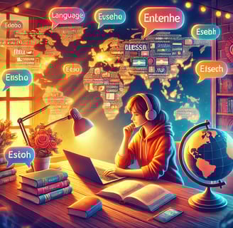Uma ilustração vibrante de uma pessoa estudando idiomas antes de uma viagem internacional. O cenário
