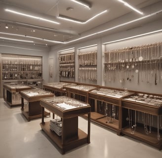 A retail display features a variety of caps organized on glass shelves, with colors including black, white, and pink. Additional accessories such as sunglasses and keychains are arranged below. The store has modern lighting and a dreamcatcher hanging on one side.