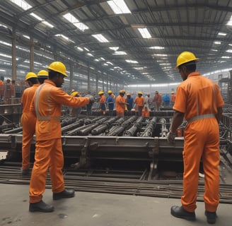 Several individuals are working in a workshop on assembling or painting metal frames. The room is illuminated by multiple circular lights, creating a bright atmosphere. The workers are dressed in overalls, suggesting an industrial or manufacturing setting.