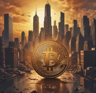 Three cryptocurrency coins are placed on a surface. The forefront coin is gold with a detailed circuit-like pattern and inscriptions. The coin in the background is silver, featuring similar intricate designs. A portion of a word starting with 'QUANT' is visible in the top background.