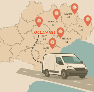 Nous nous déplaçons dans toute l’Occitanie : Hérault (34), Aude (11), Gard (30), Tarn (81), Haute-Ga