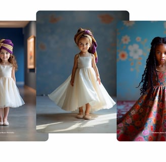 Two little girls wearing white dresses and decorative head scarf , African print dress