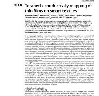 Terahertz conductivity mapping of  thin films on smart textiles