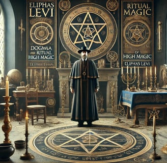"Eliphas Levi em trajes de ocultista do século XIX, em pé diante de um altar de magia cerimonial, ce