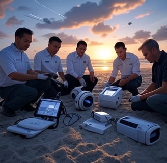 a group of men sitting on a beach