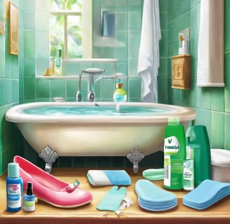 ванная комната с антисептическими гигиеническими препаратами от ногтевого грибка