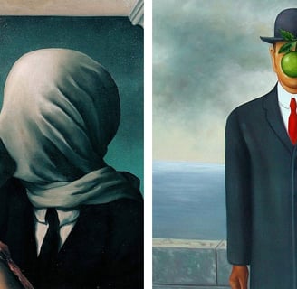 two paintings of a man and woman in a suit and tie