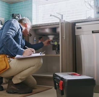 plumber taking notes as he inspects an undersink pipe