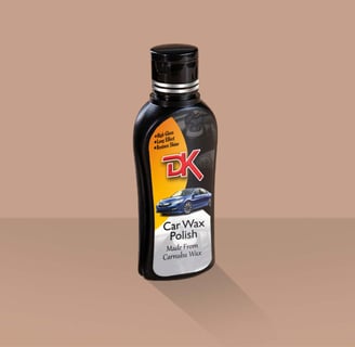 1. A bottle of carnauba wax polish on a brown background, enhancing car paint with high gloss and scratch removal properties.